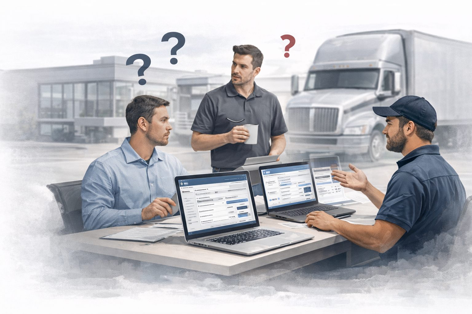 Dealership team discussing truck configuration challenges